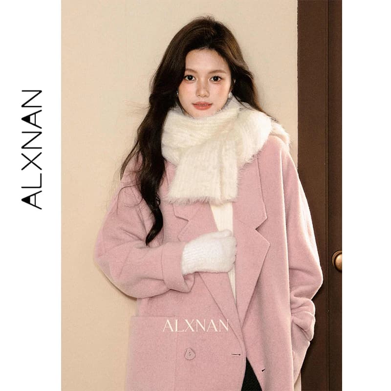 ALXNAN Cappotto in Lana Rosa Oversize con Colletto a Risvolto e Tasche Inferiori, Giacca Corta da Donna, Nuova Collezione Primavera, Calda e Confortevole L58157