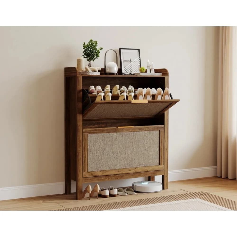 Mobile scarpiera in rattan stile rustico con cassetti a ribalta, gambe in legno, maniglie a scomparsa, stretto, marrone, per ingresso