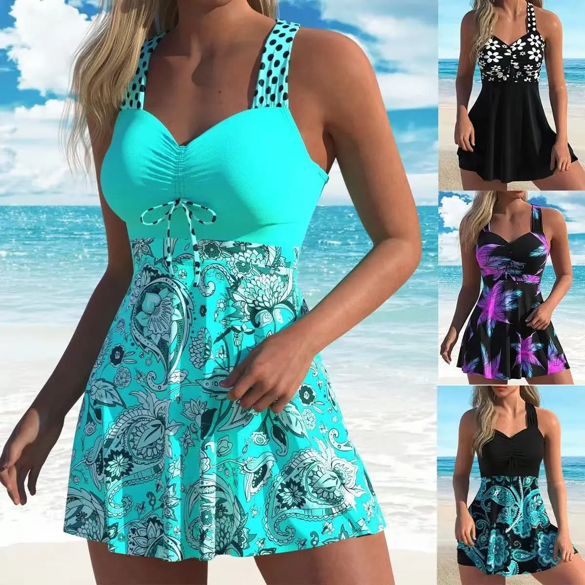 2026 Women's Modest Swim Dress Bikini Set Sexy Blue Floral Two-Piece Swimwear with Skirt Cover Summer Beach Swim Outfits Holiday