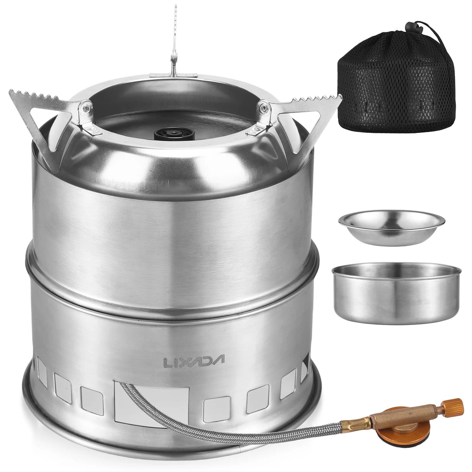 Camping Stove 3-in-1 Portable Stainless Steel Lightweight Wood Gas Fuel Stoves for Outdoor Cooking Picnic BBQ Wood Stove