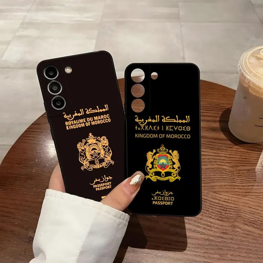 Custodia per passaporto Marocco per Samsung S25 S24 FE S23 S22 S21 Plus S20 Ultra Note20Ultra Black Soft Shell