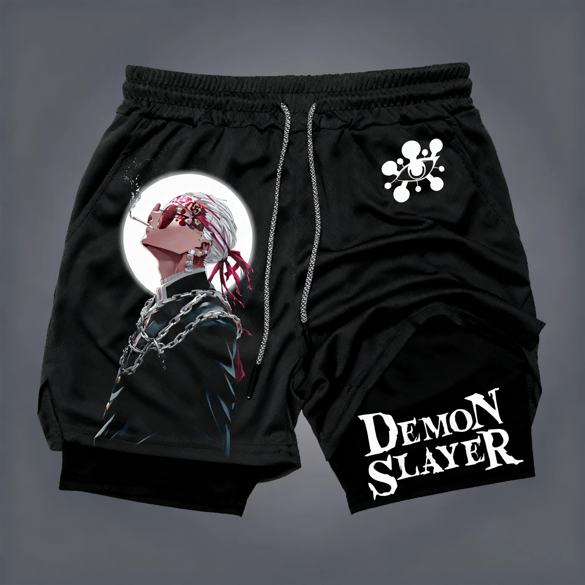 2-in-1 Sports Shorts Demon Slayer Street Trendy in Double Layer, New Summer Shorts with Fashion Anime Printing for Fitness, Swimming and Hiking