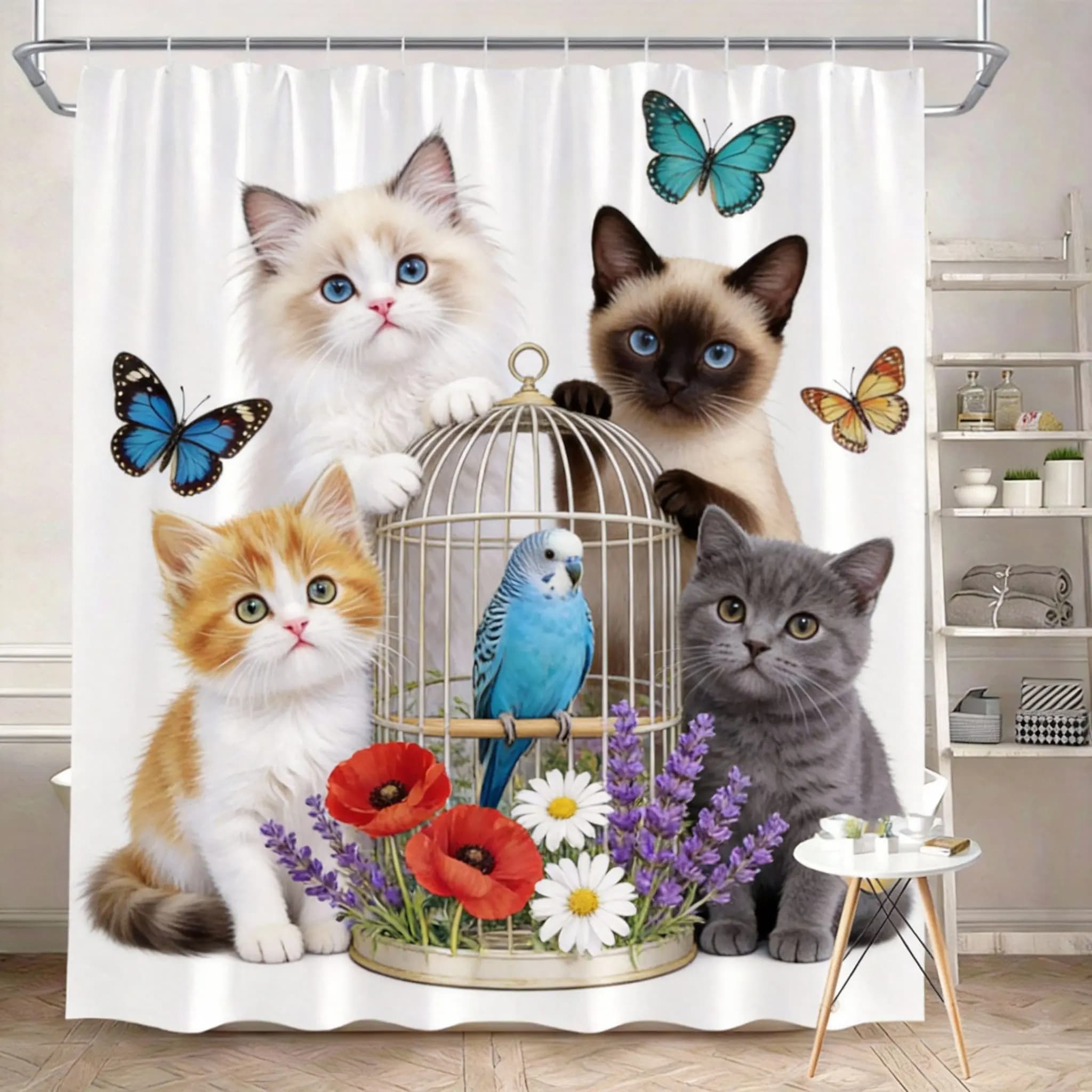 Tenda da doccia floreale con gattini 180x180 cm – Arte digitale con fiori e farfalle colorate, grazioso arredo per il bagno, 12 ganci