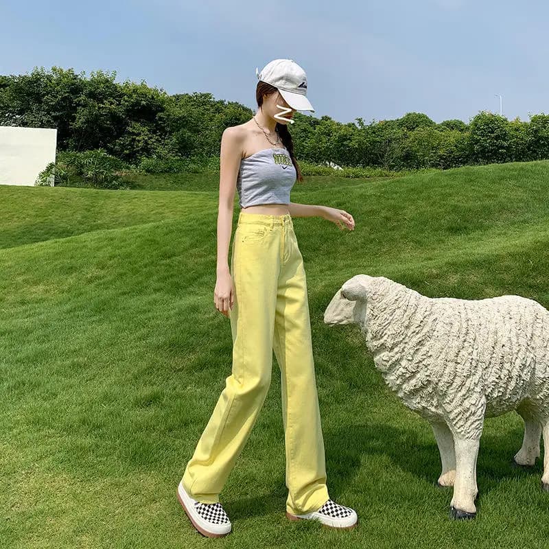 High Waist Straight Leg Denim Jeans Women Summer New Yellow Loose Drapey Floor-Length Pants Small Size Wide Leg Long Tro...