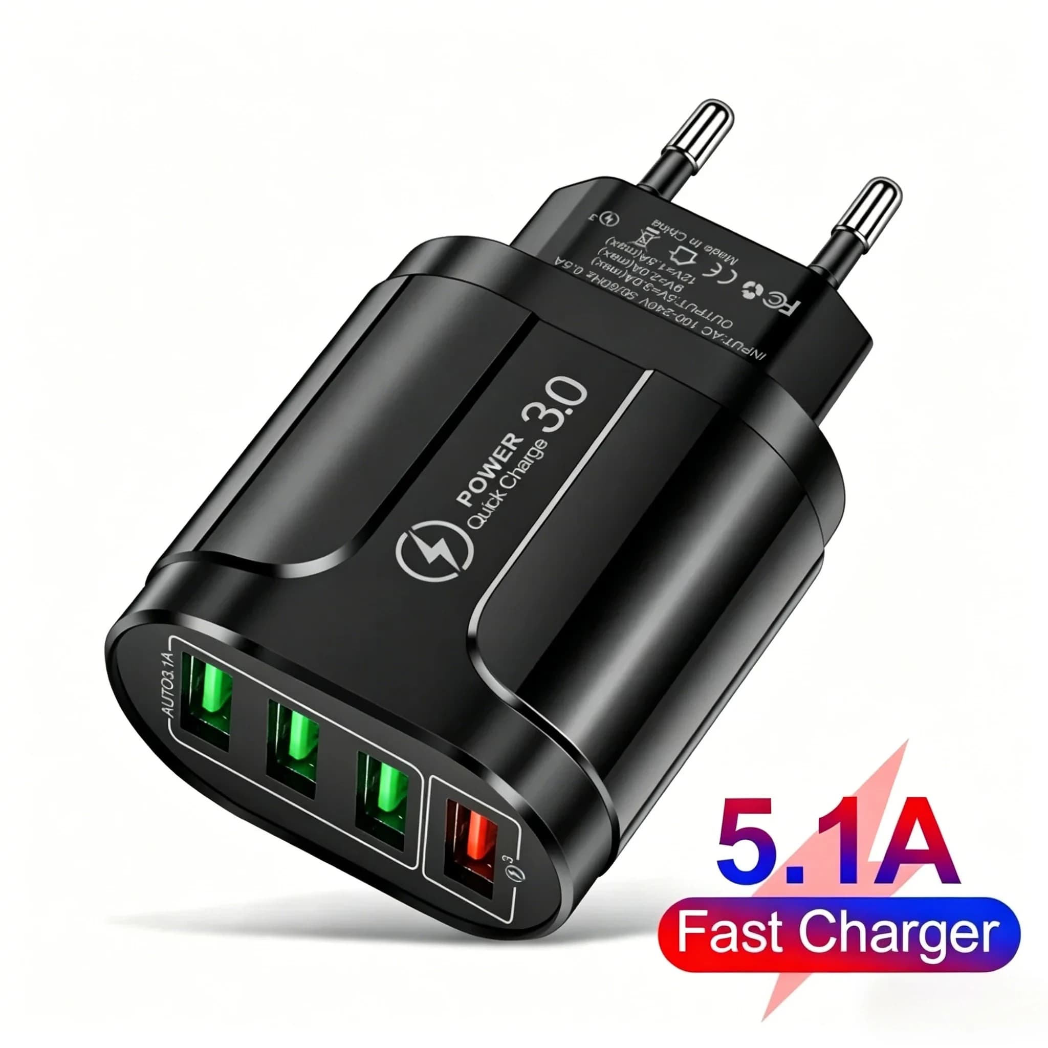 Caricatore USB a 4 porte con ricarica rapida Quick Charge 3.0 48W, adattatore da parete per la ricarica rapida di cellulari, compatibile con iPhone, Samsung, Xiaomi, caricatore da viaggio.