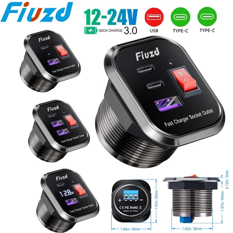Presa per caricabatteria da auto PD3.0 e QC3.0 Doppie porte USB C impermeabili con interruttore LED 78W Ricarica rapida 12V/24V per adattatore moto