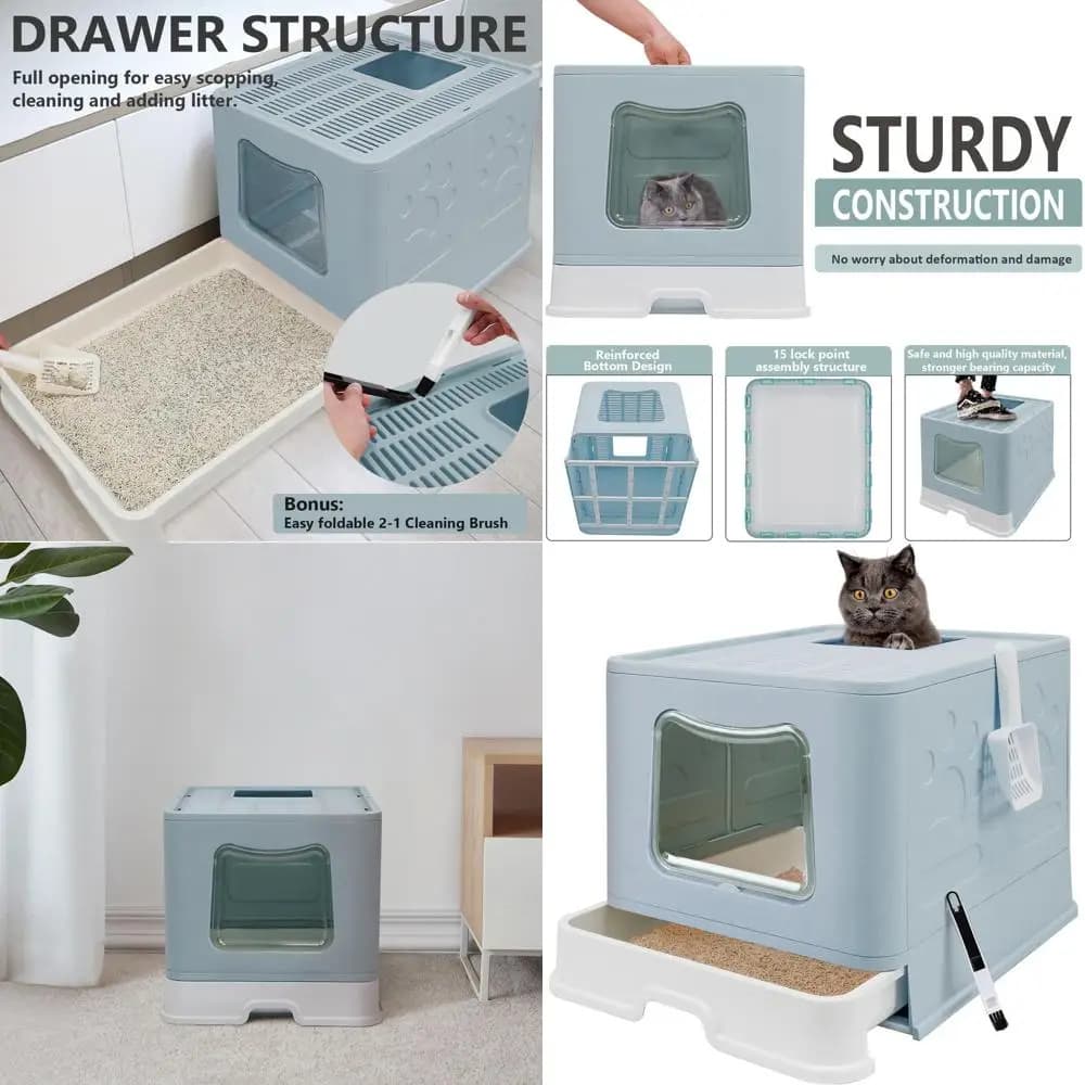Lettiera per Gatti Pieghevole Jumbo con Coperchio - Toilette con Ingresso Superiore - Design Anti-Schizzi - Include Paletta e Spazzola per Pulizia (Blu)