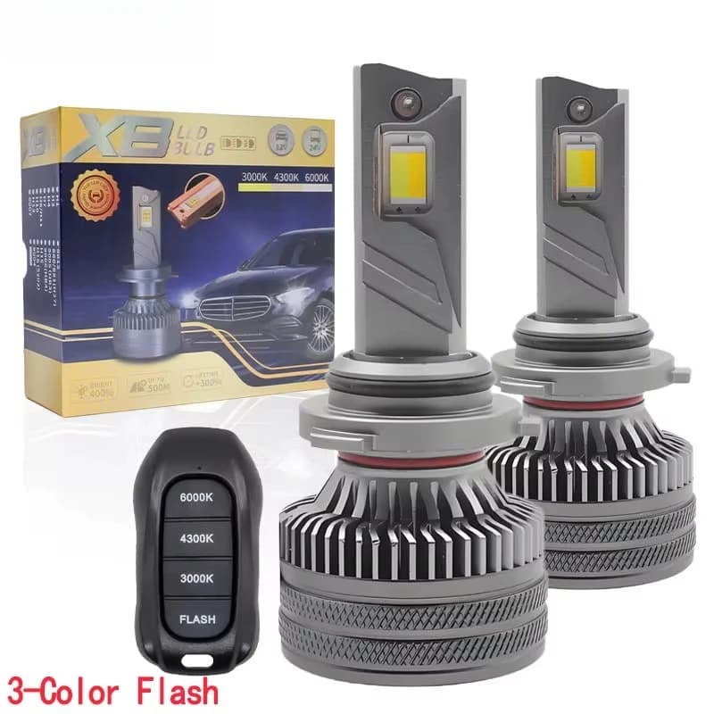 Faro LED per Auto 200W 40000LM X8 Tri-Colore con Flash, Compatibile con H1 H4 H7 H8 H9 H11 9005 9006 HB3 9012, con Telecomando