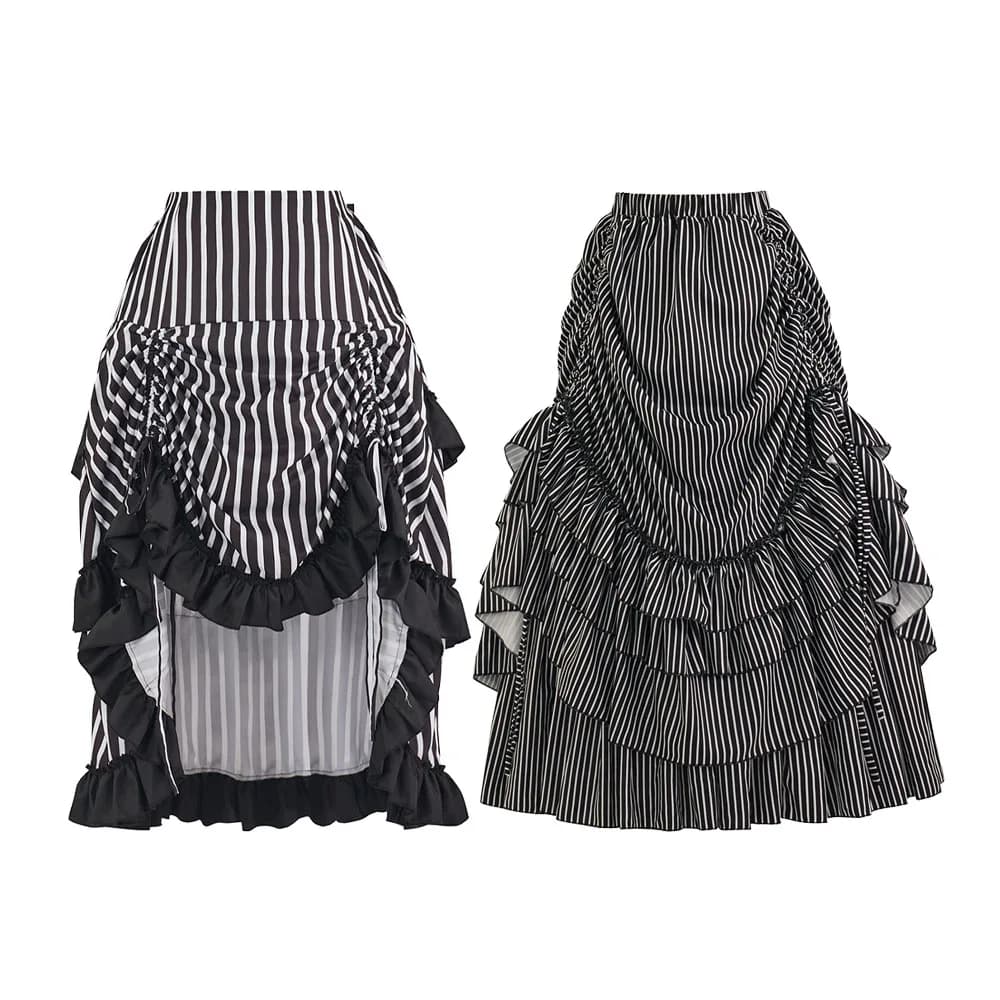 Gonna a righe Steampunk gotica da donna Abito da trambusto vintage Costume Gonne lunghe vittoriane a vita alta con volant