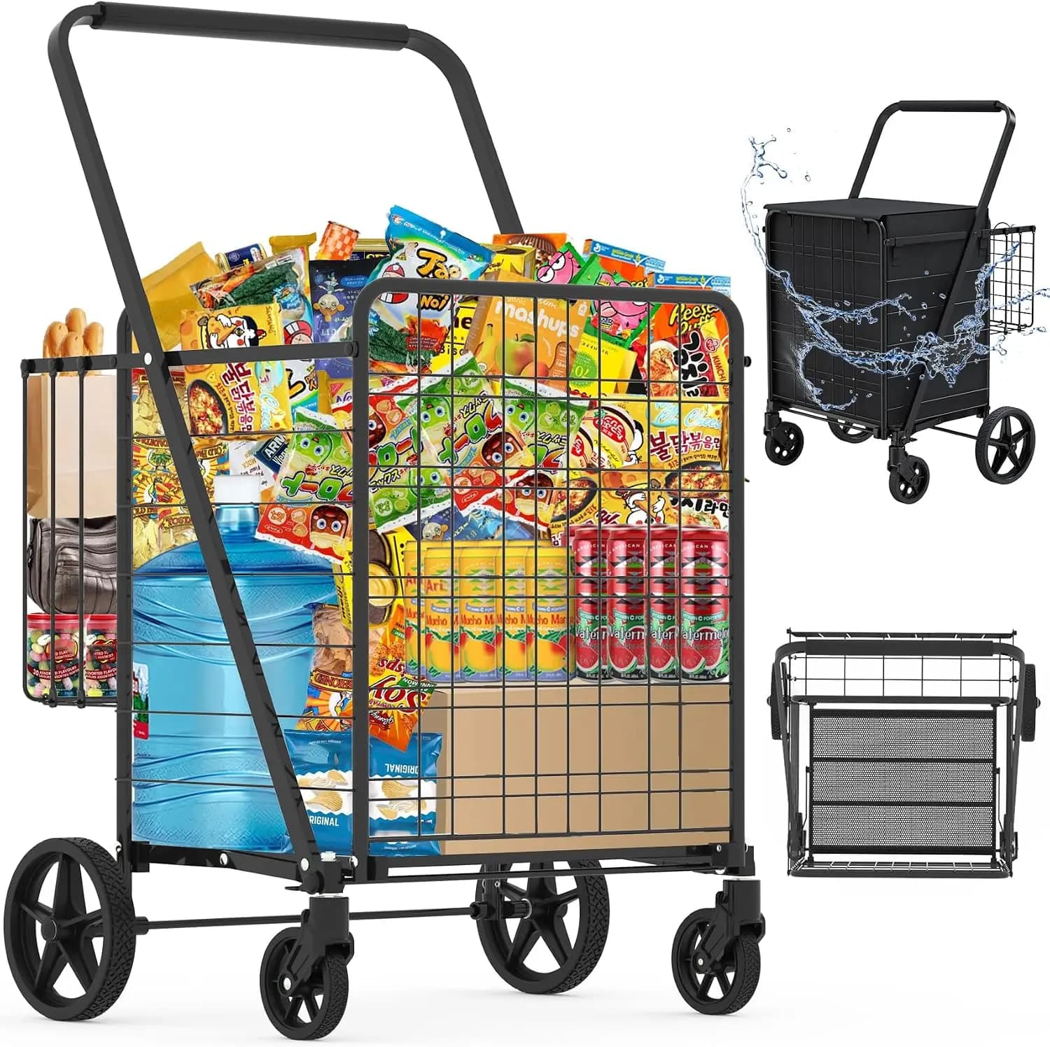 Heavy Duty Folding Shopping Cart With 360 Swivel Wheels Waterproof Grocery Utility Cart Jumbo Laundry Transport Trolley With Large Capacity Storage Bag Silver Black