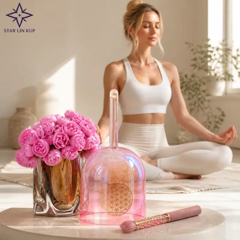 STAR LIN KUP 432Hz Pink Gradient Crystal Singing Bowl Flower of Life Alchemy Chakra Healing Meditation Sound Therapy with