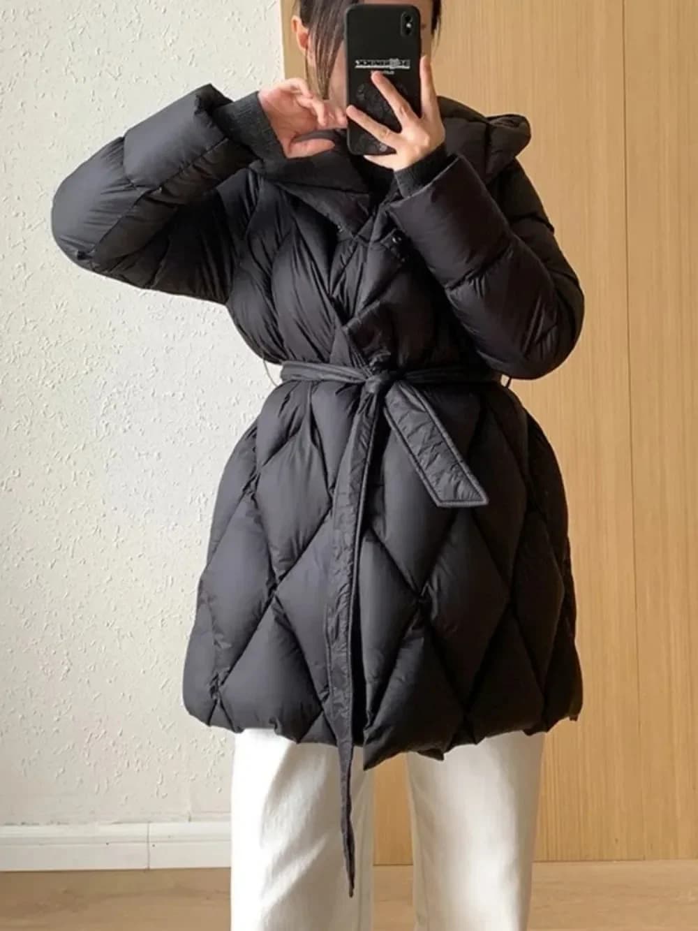 Women's Casual Women's Office Jacket 2024 New Winter Women's Hood Duvet White Belt Fashion Thickness