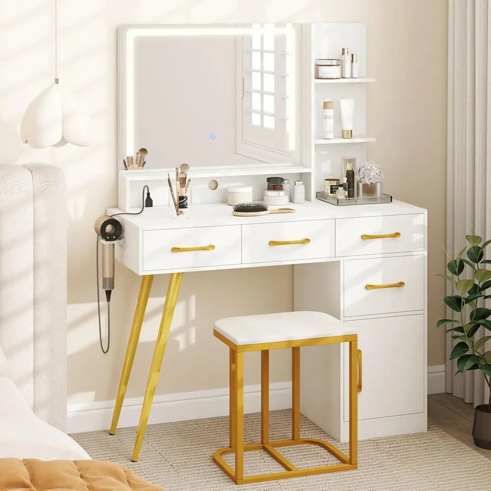 Modern toe with LED mirror and lights, charging station, 4 drawers, storage cabinet and shelves, hairdryer