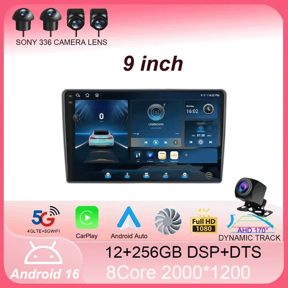 Autoradio universale all-in-one con schermo QLED da 9 pollici, Android 16, DTS, risoluzione 2000x1200, GPS, compatibile con Volkswagen, Nissan, Hyundai, Kia, Toyota, Honda, BT