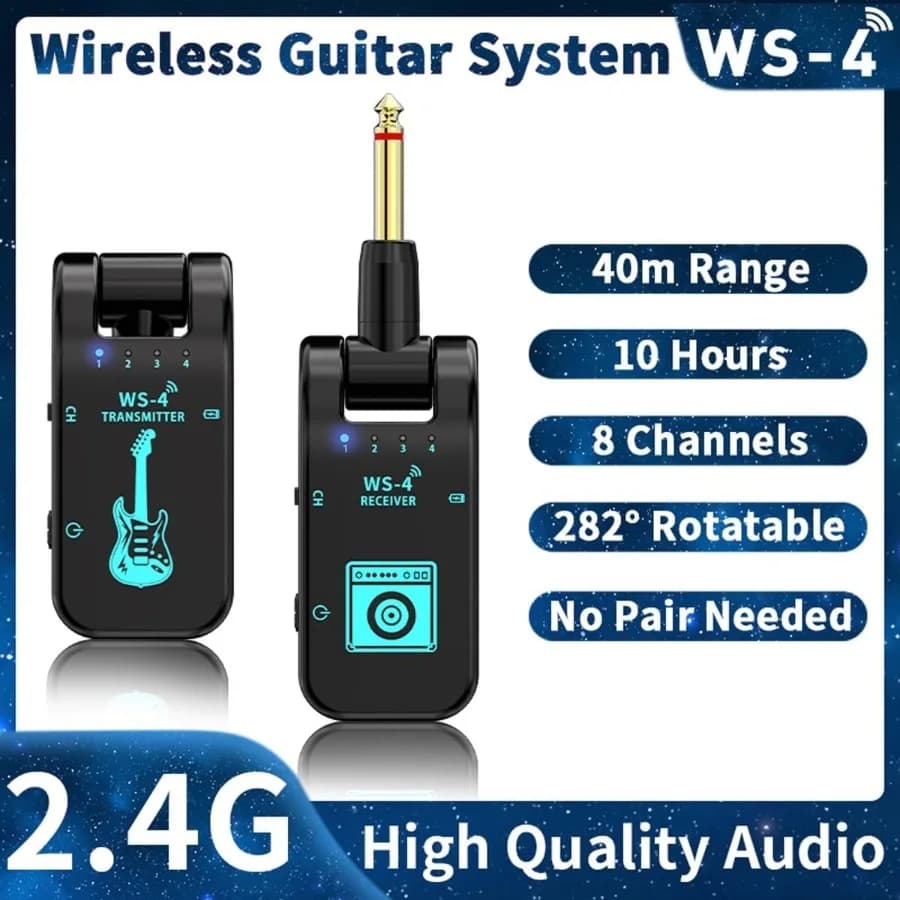 2.4G Wireless Guitar Transmitter Receiver Guitar System 48K/16bit Real-time Transmission 282 Degree Rotatable Plug for Guitars