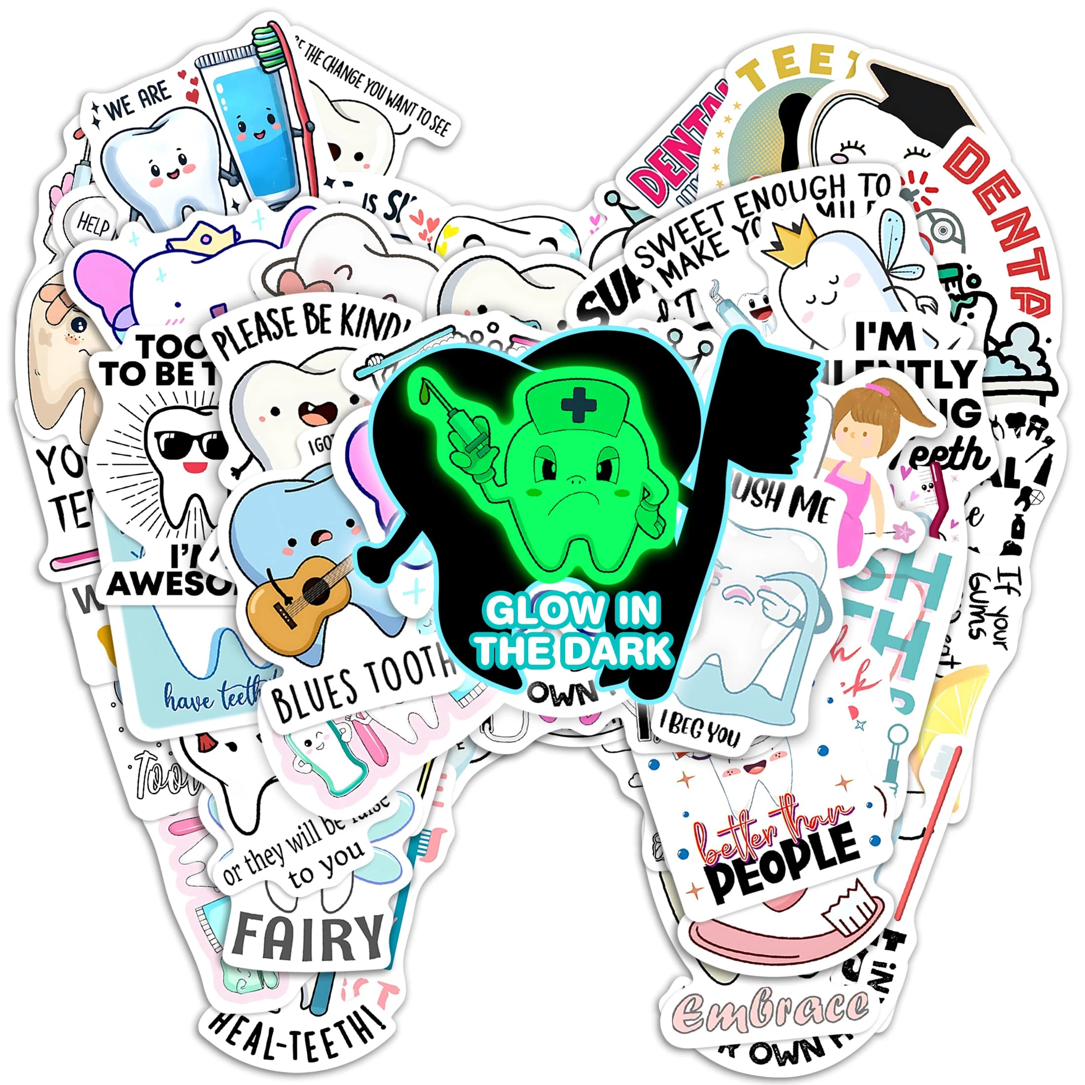 51 pcs dental health theme adhesives lighting in the dark teeth wine fairy waterproof brush water bottle decal for kids laptop