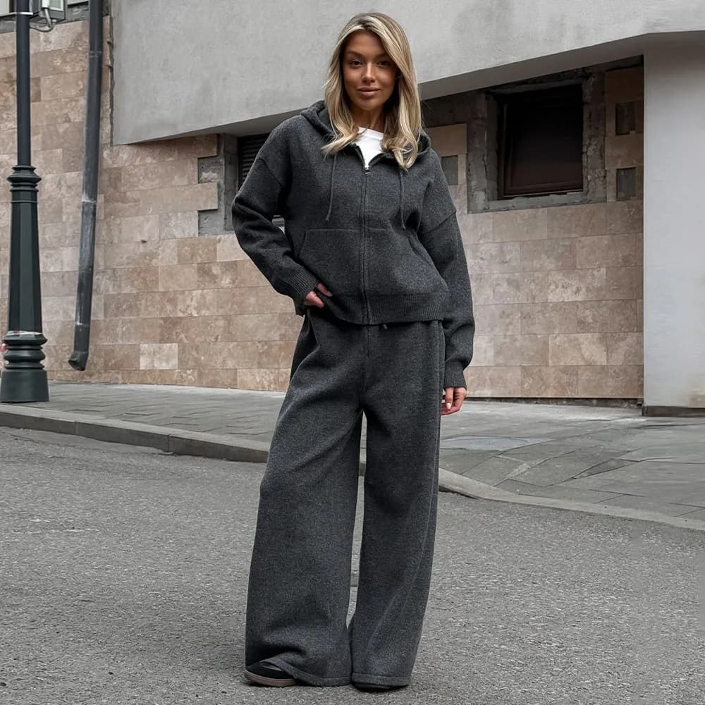 Autumn and Winter Women Sports Style Hoodie Wide Leg Pants Set Elegant Thick Warm Soft Antibacterial Knitted Sweater Pants 2Pcs