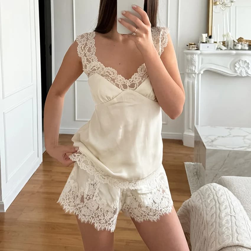 AW Summer Sexy Satin Lace Camisole Suits Pajamas Home Spaghetti Strap Vest With High Waist Shorts 2 Piece Sets 2026 Nightwear