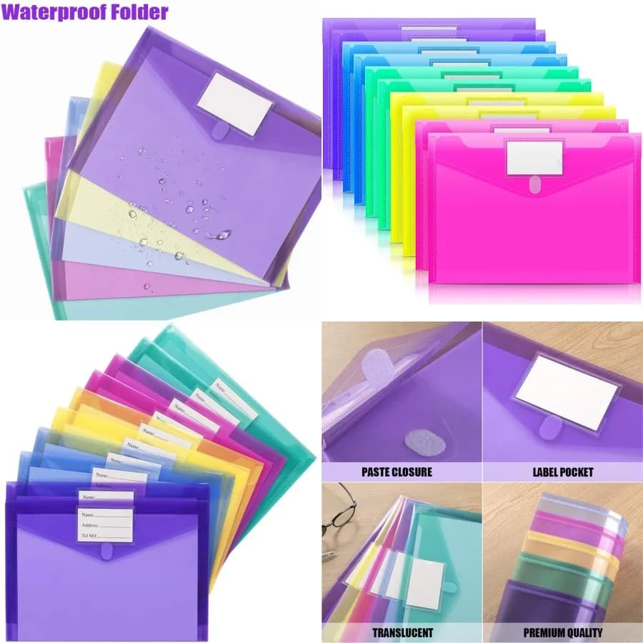 Sooez Confezione da 10 buste in plastica Cartelle per documenti trasparenti Cartelle di file Lettera USA formato A4 con tasca per etichette per ufficio scolastico per insegnanti