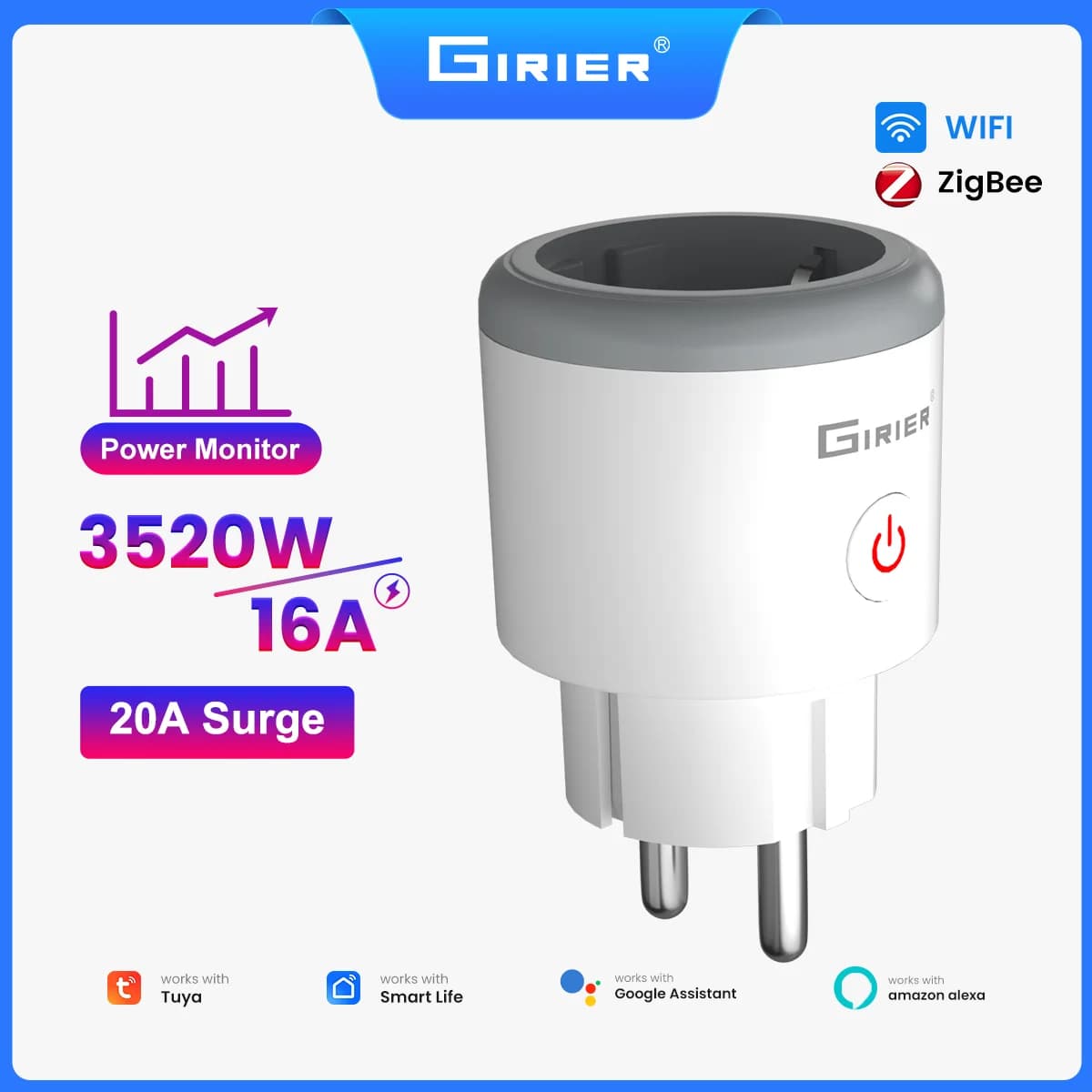 Presa Intelligente GIRIER Tuya ZigBee 16A WiFi Wireless con Monitoraggio della Potenza e Funzione di Sovraccarico Compatibile con Alexa
