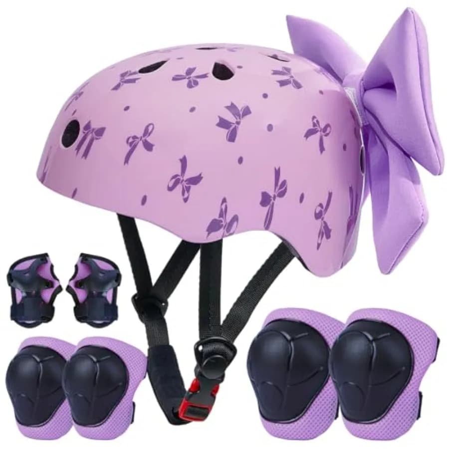 Casco per Bambini 8-14 Anni con Set di Protezioni per Ginocchia e Gomiti, Casco da Bici con Fiocco Regolabile Fai-da-Te, Caschi per Ragazze per Bicicletta e Monopattino S