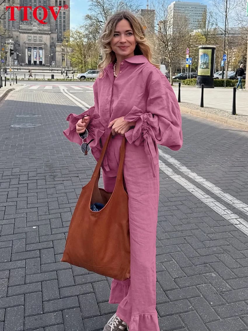 TTQV Set da due pezzi da donna in cotone rosa allentato alla moda 2025 Camicia elegante a maniche lunghe con pantaloni larghi a vita alta Set femminile
