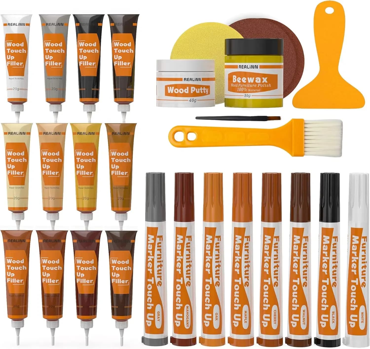 Kit di Riparazione Legno da 28 Pezzi: Pennarelli, Materiali di Riempimento, Stucco per Riparare Graffi, Crepe e Fori