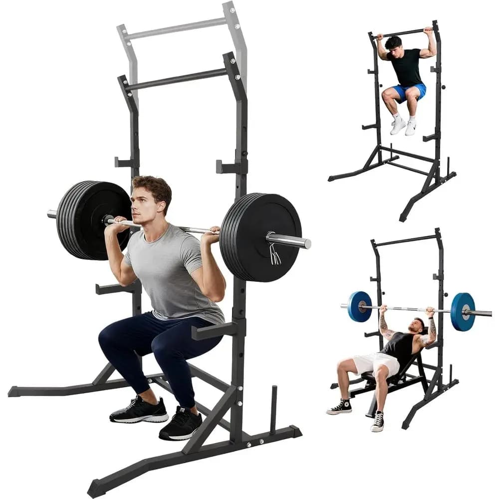 Adjustable Home Gym Squat Rack with Pull-Up Bar, Multi-Functional for Strength Training and Plate Storage