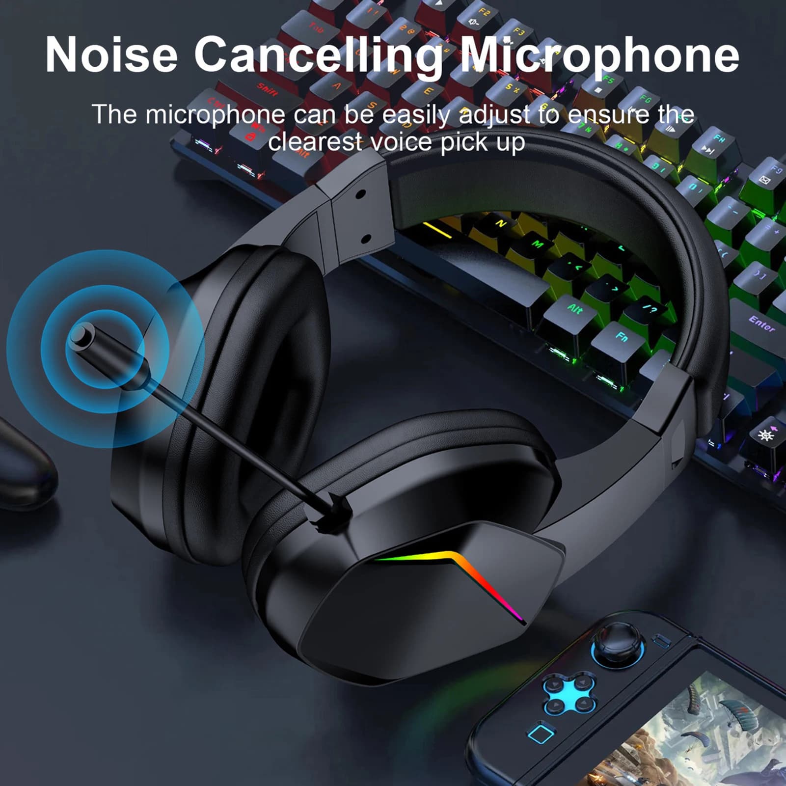 Gaming Wireless BT Headphones with LED Lights, Low Latenza, 40mm Driver, Over-Ear Headphones with Omnidirectional Microphone