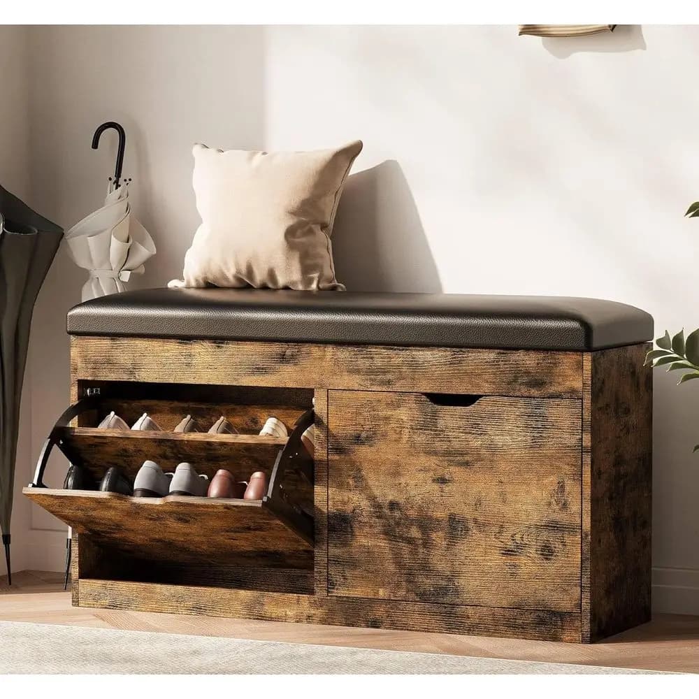 Panca Portascarpe Vintage Marrone con Cuscino, 2 Cassetti e Vano Superiore Illuminato