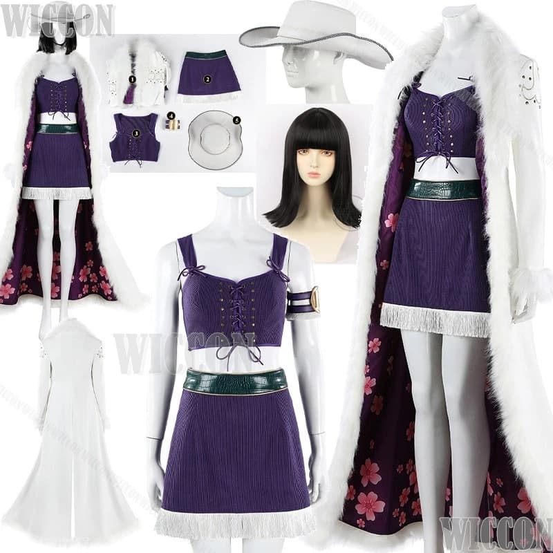 Cosplay costume Nico Anime Movie Robin, sexy purple dress, long white coat, hat, black wig, short hair, for Halloween parties, woman.