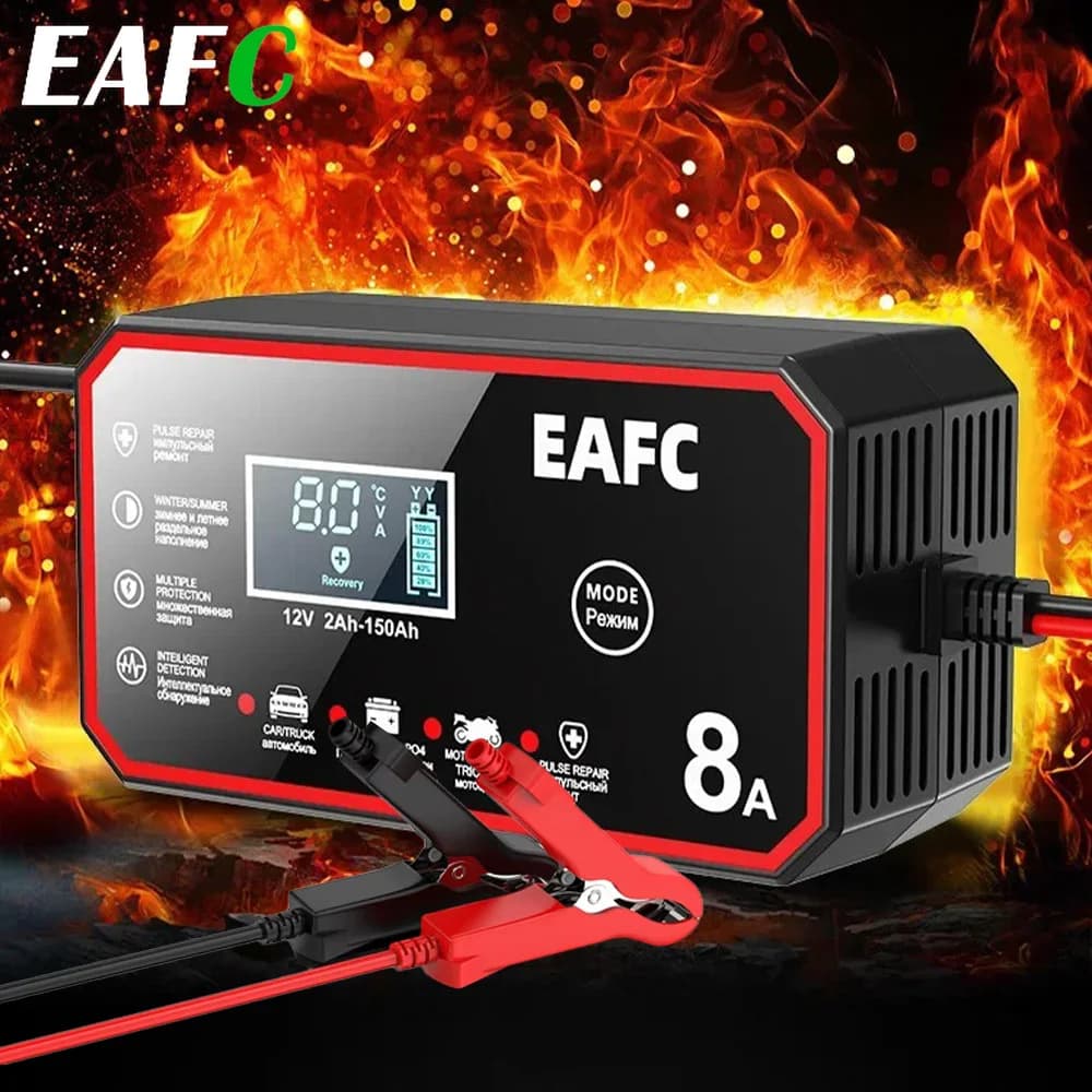 EAFC 12V pulse charger 8A for car batteries, compatible with lead-acid batteries, AGM, GEL, WET, LiFePO4, for cars, motorcycles, trucks, SUVs.