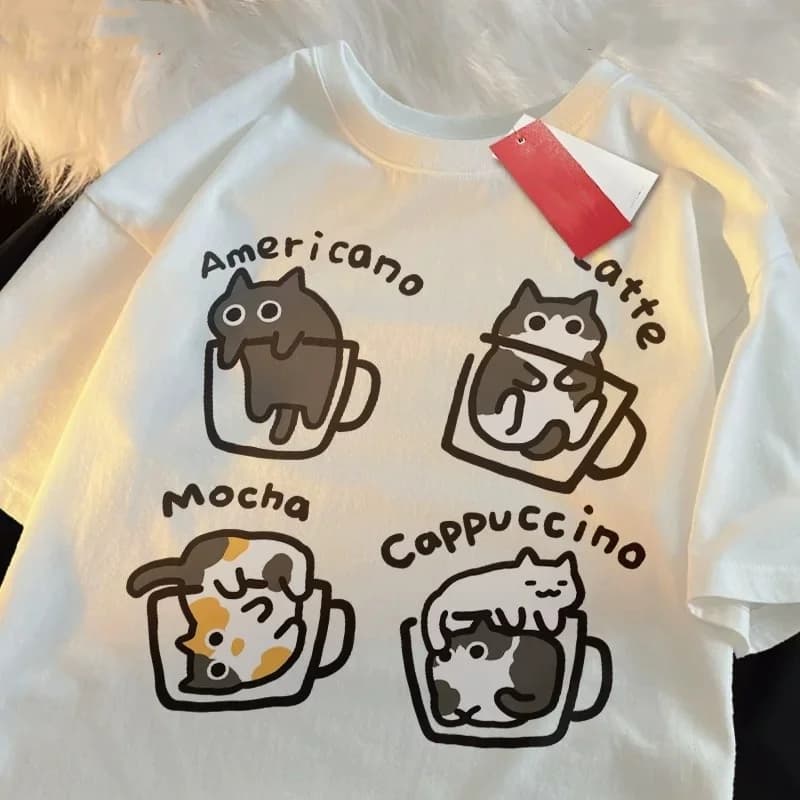 ZAZOMDE Harajuku Cat Coffee Pure Trendy Loose Short Sleeved T-shirt Men Women Original Mocha Latte Cat Fun Cat Tees