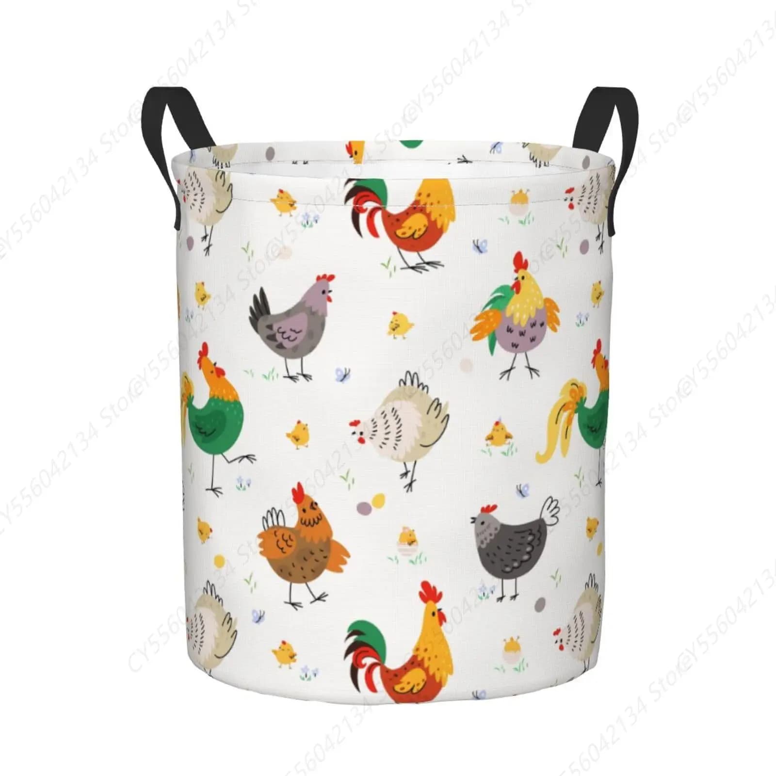 Round Farm Bird Bedding Basket with Handle, Foldable Canvas Container, Laundry/Child Services Bag