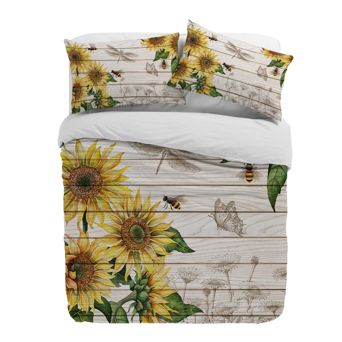 Copripiumino con struttura in legno girasole ape farfalla con federa Set biancheria da letto personalizzata 3 pezzi Copripiumino Letto matrimoniale Tessili per la casa