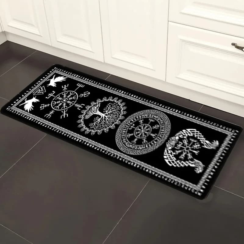 Tappeto Nero con Rune Vichinghe Nordiche, Decorazione per la Casa, Tappetino Lungo per Corridoio e Cucina, Mitologia Norrena, Bussola, Albero del Mondo, Ingresso