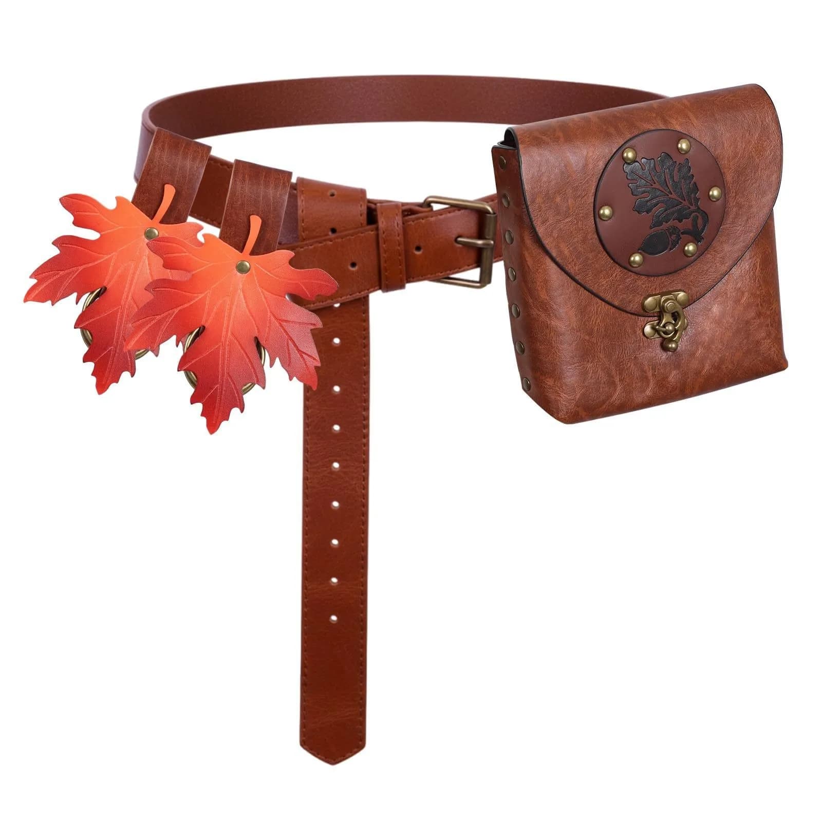 Medieval Vintage Leather Waist Belt with Fanny Pack Maple Leaf Skirt Clips for Renaissance Fairs Cosplay
