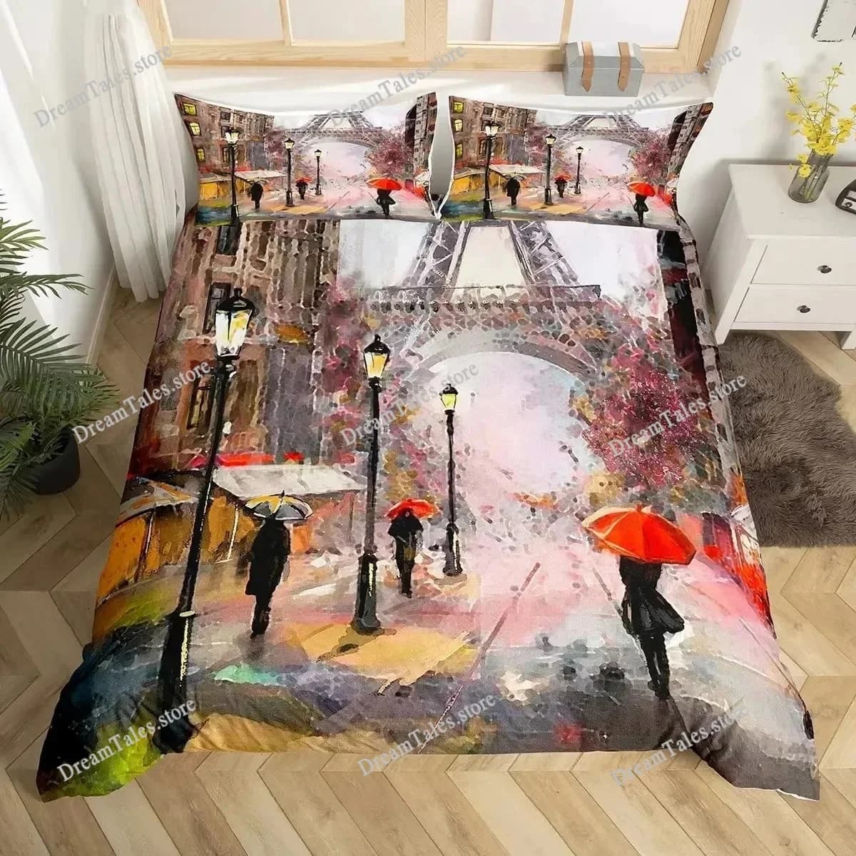 Eiffel Tower Duvet Cover Set Paris France Bedding Sets Queen Size Old Newspaper Style Comforter Cover for Men Women,Gray Stylish