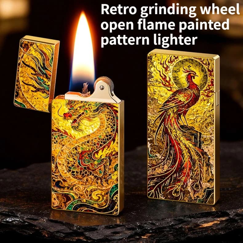 Nuovo Accendino Creativo Retrò con Mola e Fiamma Aperta, Motivi Dipinti, Ultra-sottile, Regalo di Lusso per Uomo