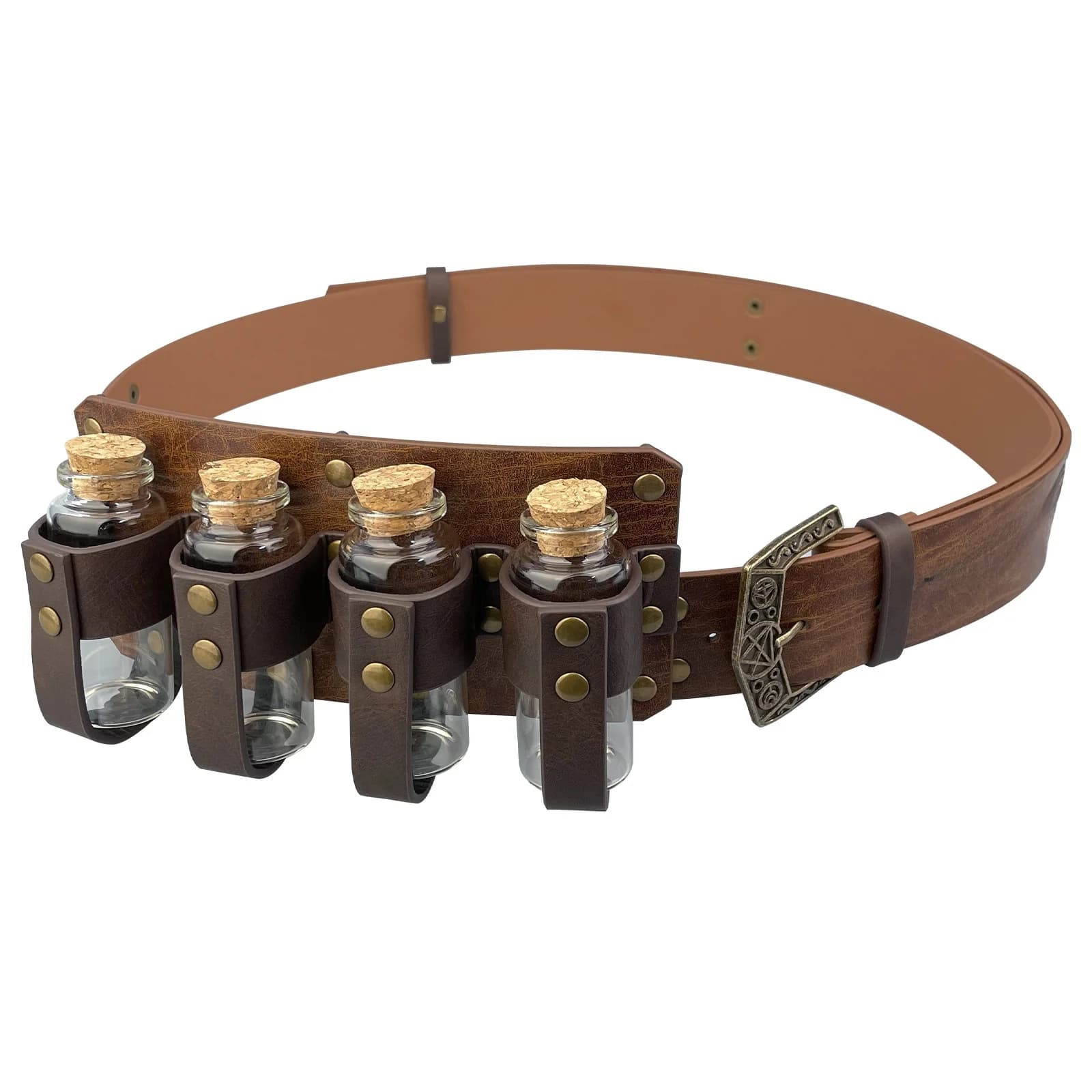 Cintura in Pelle Stile Vichingo con Quattro Bottiglie, Accessorio COSPLAY Medievale con Rivetti Metallici, Stile Nordico