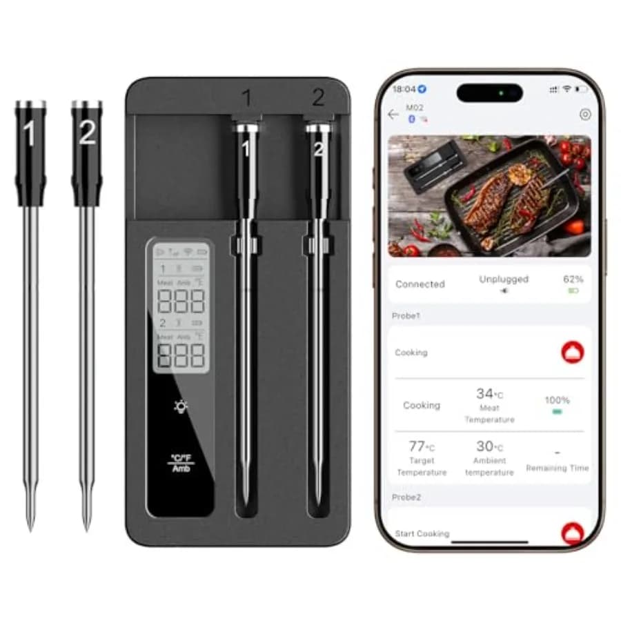 Termometro Intelligente Wireless per Carne con Doppia Sonda, Combinazione Bluetooth e WiFi, Alta Precisione e Risposta Rapida per BBQ, Grill e Affumicatore