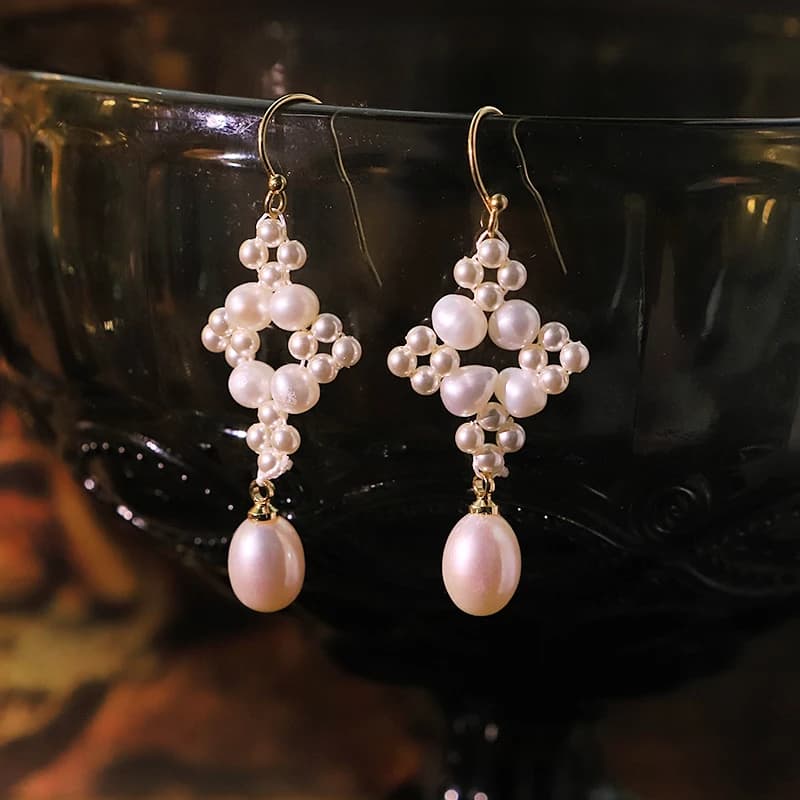 Orecchini in filo di cotone con perle d'acqua dolce naturali, orecchini di design fatti a mano, regalo per banchetti, matrimoni, gioielli da donna GE1809