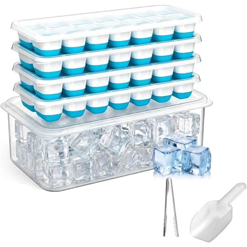 Ice Cube Trays with Storage Bin&Scoop,4 Pack 48 Cubes Stackable Silicone Trays for Freezer with Lid Party Cocktail Coffee (Blue)