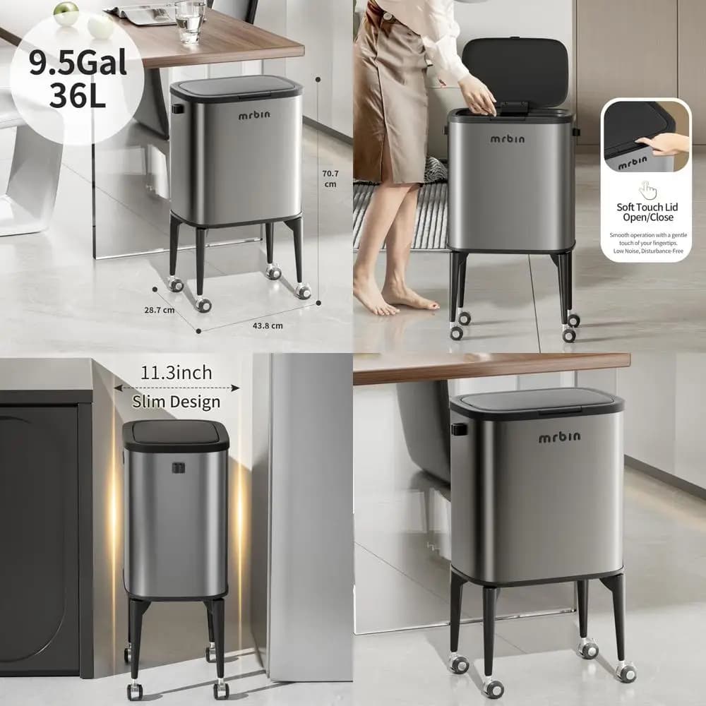 Pattumiera da cucina media da 36 litri con ruote sottili con coperchio a pressione, cestino per rifiuti a prova di animali domestici per varie stanze in grigio Eclipse