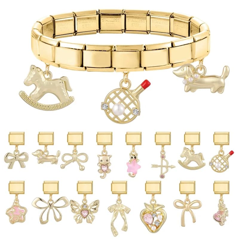 Cute Puppy Cat Bow Butterfly Star Tennis Racket Golden Pendant Italian Charm Links Fit 9mm Stainless Steel Bracelet Diy Making