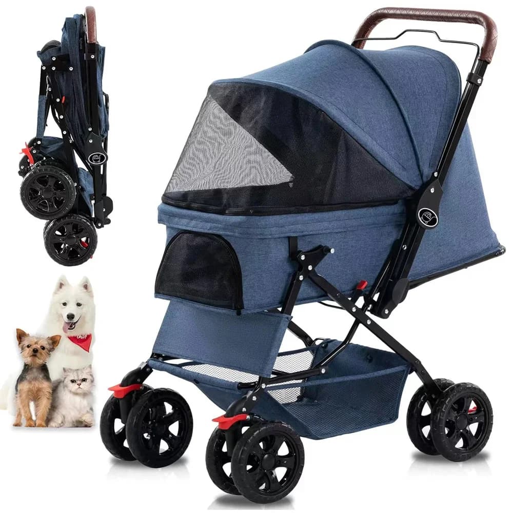 4-in-1 Extra Large Space Pet Stroller Lightweight Foldable Dog Cat Carrier Heavy Duty Family Outdoor Travel Push Cart