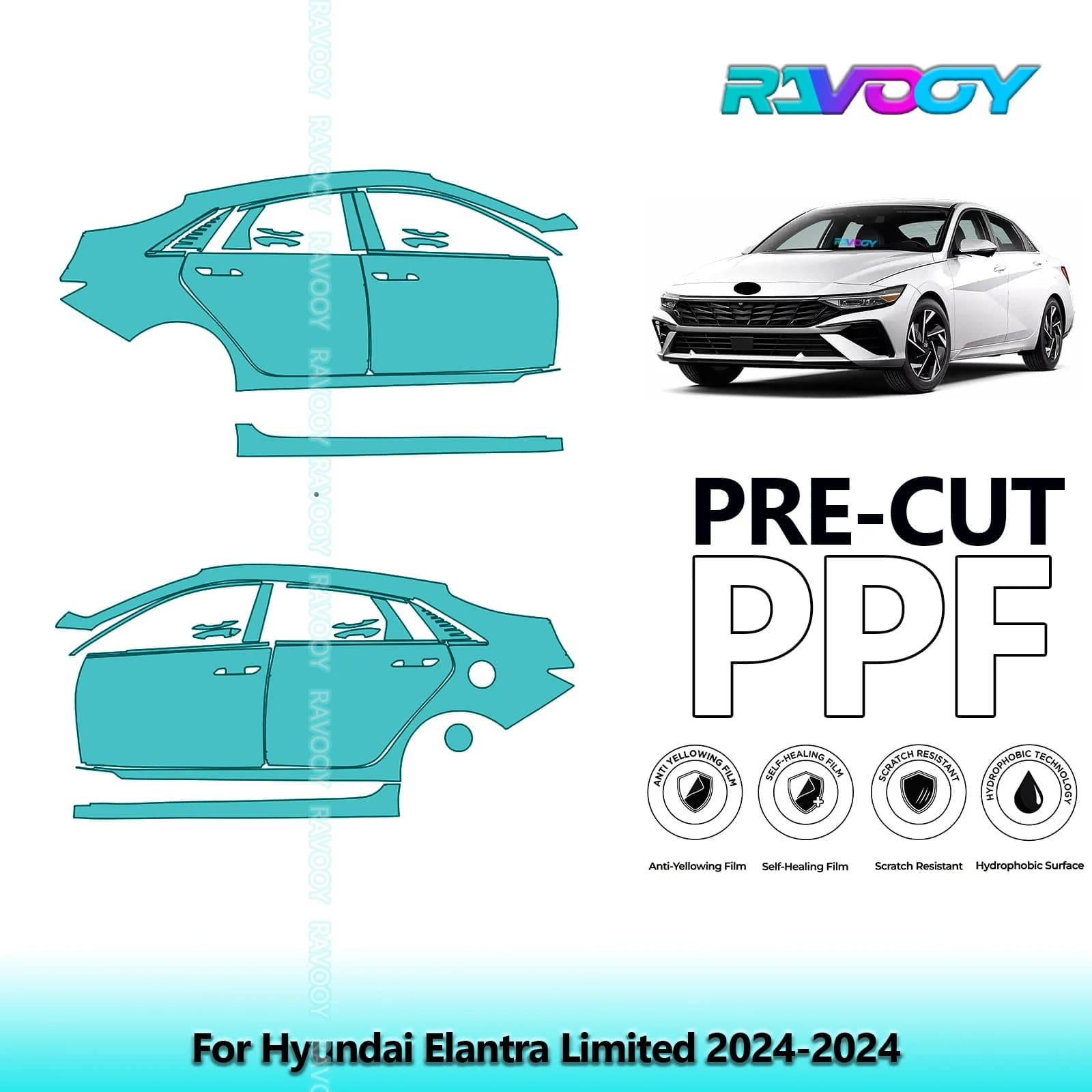 For Hyundai Elantra Limited 2024-2024 8.5mil Transparent Pre-Cut PPF Door and Pillar A/B Kit TPU Paint Protection Film Set