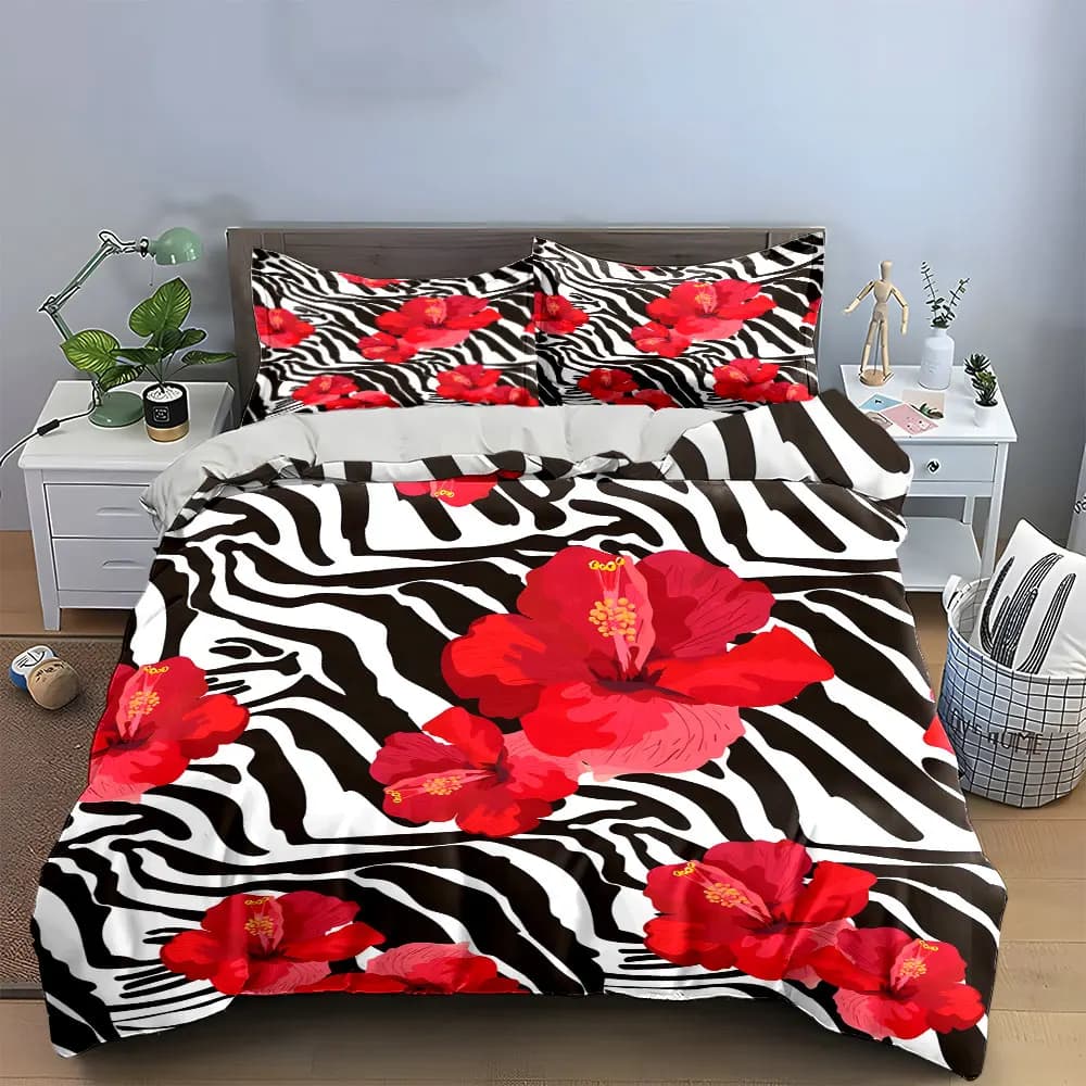 Set di biancheria da letto con decorazioni floreali con motivo zebrato, con 1 copripiumino, 2 federe, singolo, matrimoniale, king, queen, regalo