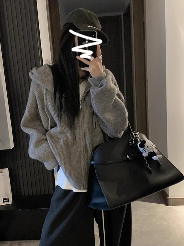 Korean Sle Zipper Knitted Sweater Women's Inner Lazy High-End Feeling Cardigan Hoodie Jaet Autumn 2025 New Arrival