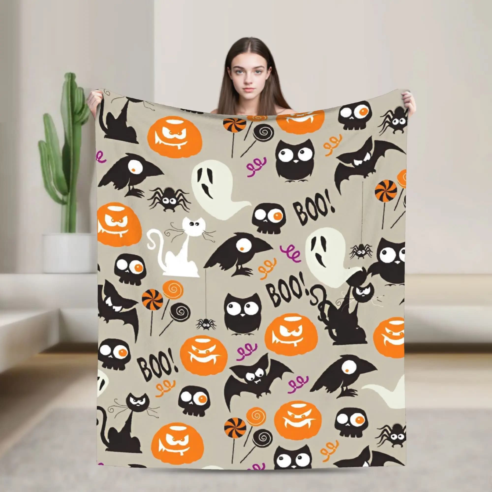 Biancheria da letto morbida e calda con motivo a tema Halloween da picnic, copriletto in flanella per soggiorno, copridivano per divano letto di tendenza di strada